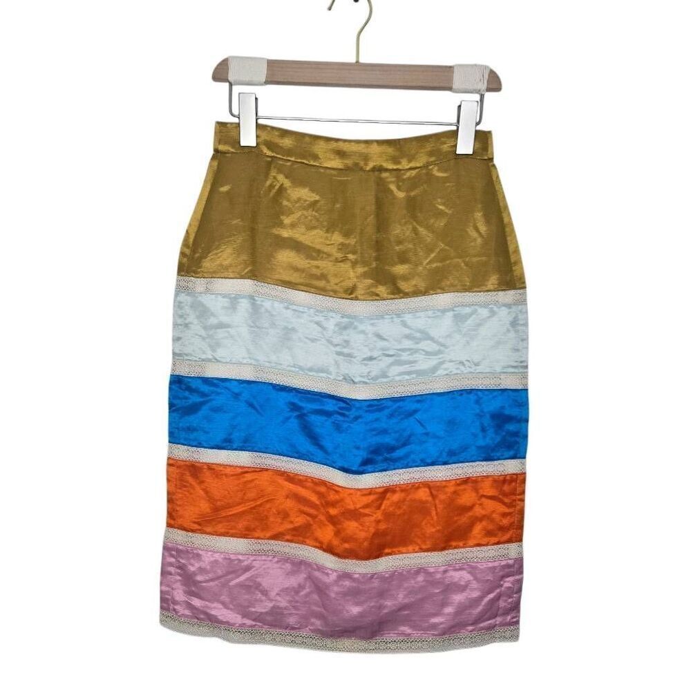 J. Crew Linen Satin Colorblock Crochet Ribbon Midi Skirt Size 0 NWT Artsy